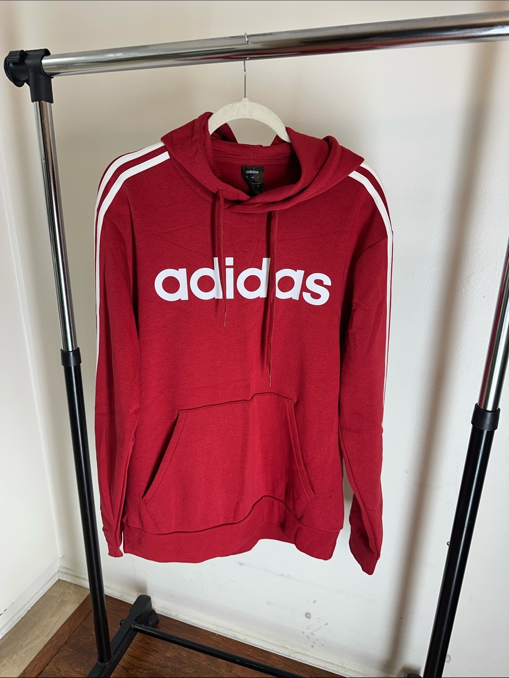 adidas Men's Red Crewneck Hoodie with White Logo and Stripes